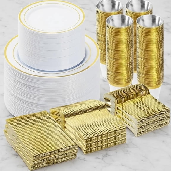 Gold Dinnerware Set for Guests, Plastic Plates for Party, Disposable Plates, Dessert Plates, Cups, Spoons, Forks and Knives