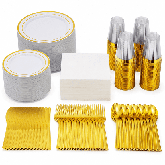 Gold Dinnerware Sets for 50 Guests, Disposable Plate Sets