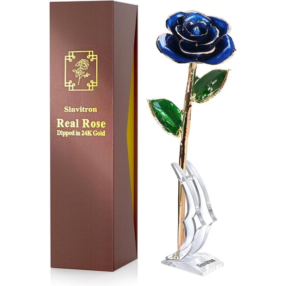 Gold Dipped Infinity Rose Preserved Real Flower Decor in Deep Blue