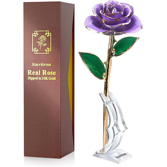 Gold Dipped Infinity Rose Preserved in Resin Lavender Purple