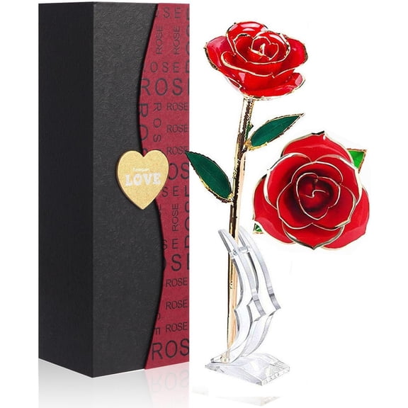 Gold Dipped Rose 24k Red Gold Plated Rose - Everlasting Long Stem Real Rose Exquisite Holder, Romantic Gift for Valentine's and Mother's Day, Gfts for Her Anniversary