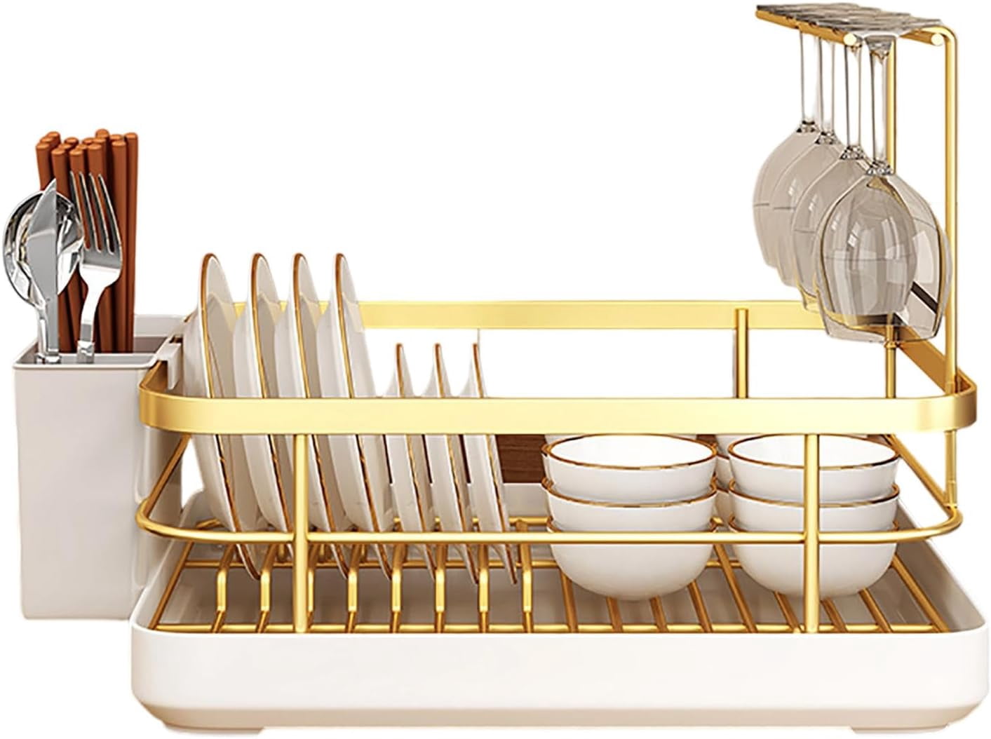 Gold Dish Drying Rack for Kitchen Counter, Stainless Steel Removable Dish Drainer with Cutlery Holder & Drip Tray, Large Capacity for Plates Glasses Utensils Chopsticks Spoons Forks(DSF)