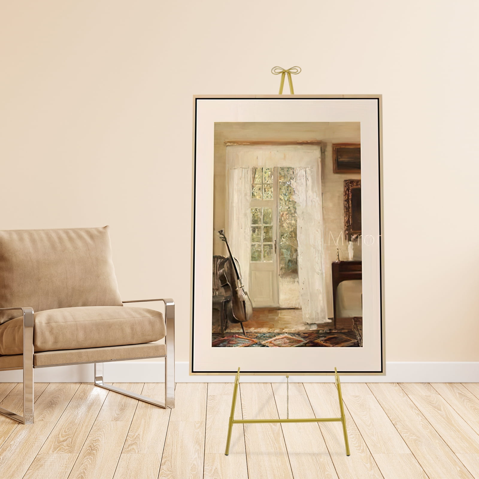 Gold Display Easel Stand 5.4ft Tall Adjustable Art Easel with 23.6in Chain & Hook 11 lbs Capacity Floor Standing Poster Easel