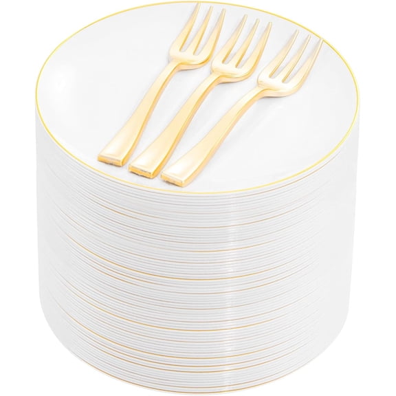 Gold Disposable Dessert Plates and Forks Set 6.3 Inch Plates 5 Inch Forks 200 Piece White Gold