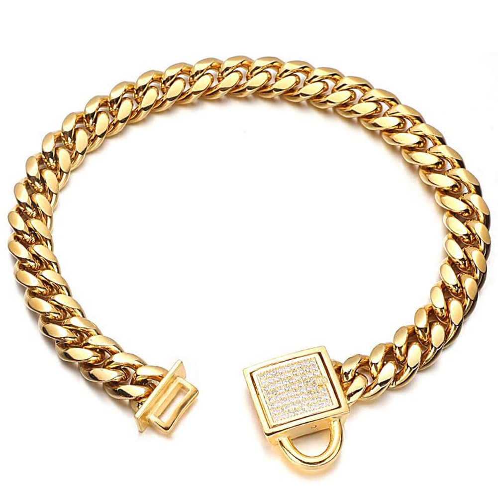 Heavy Duty Stainless Steel Dog Chain Collar – Cuban Link Style – Gold – S/M/L