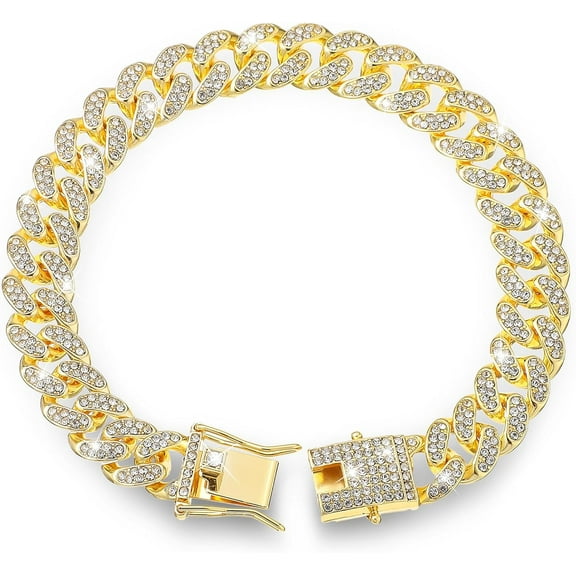 Gold Dog Chain Collar Diamond Cuban Link Dog Collar, 16mm Wide Dog Necklace Metal Cat Chain Pet Crystal Collar Jewelry Accessories With Design Secure Buckle For Small Medium Large Dogs Cats(8inch)