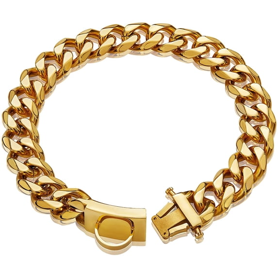 Gold Dog Chain Collar Walking Metal Chain Collar with Design Secure Buckle,18K Cuban Link Strong Heavy Duty Chew Proof for Small Dogs(19MM, 12")