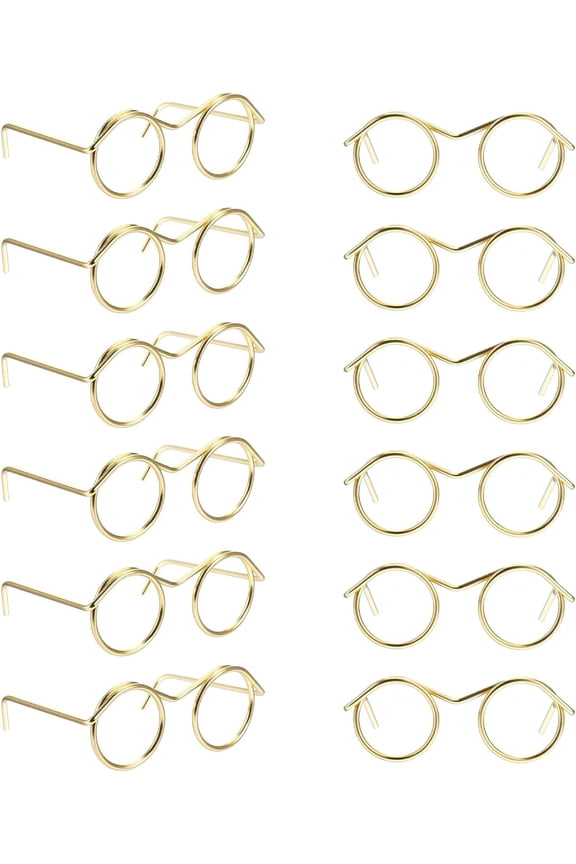 Gold Doll Glasses, Mini Eyeglasses Metal Wire Rim Frameless Lens Doll Dress Up Making Supplies for Pets Costume Photo Props Cosplay