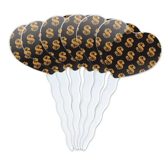 Gold Dollar Sign Money Pattern Heart Love Cupcake Picks Toppers Decoration Set of 6