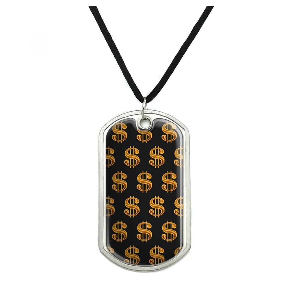 Gold Dollar Sign Money Pattern Military Dog Tag Pendant Necklace with Cord