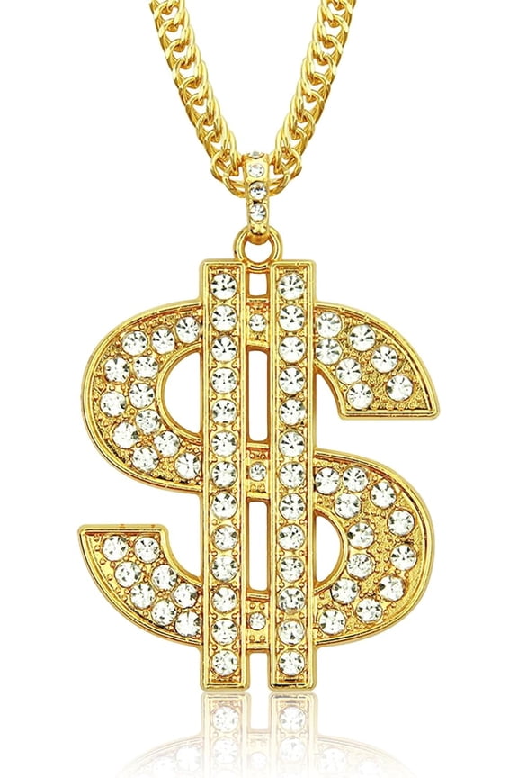 Gold Dollar Sign Necklace Pendant with Rhinestones - Rapper Chain Costume for Men, Women, Party Accessories