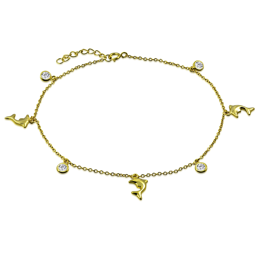 Gold Dolphin Anklet 925 Sterling Silver Cubic Zirconia