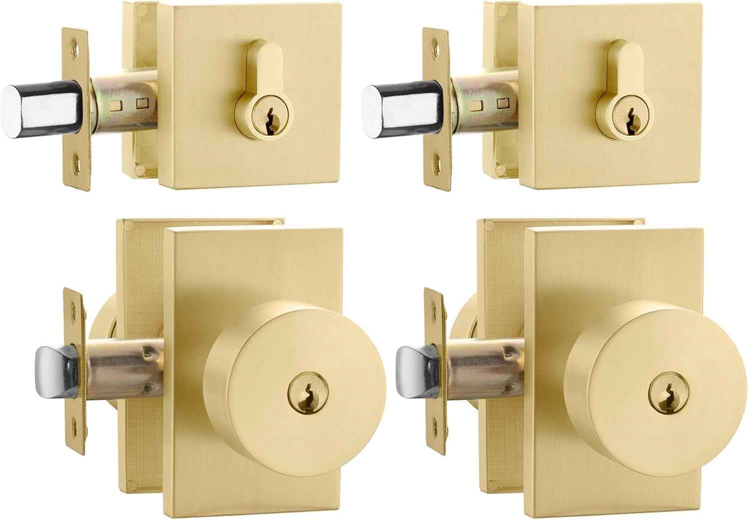 Gold Door Knob with Deadbolt, Zinc Alloy Brushed Gold Exterior Door Lock Set, Heavy Duty Brushed Brass Front Door Knob and Deadbolt Set with Lock and Key, Reversible (2 Pack)