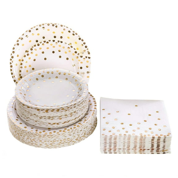 Altatac Gold Dot Party Supply Set, 50 Pieces Napkins and Plates, White/Rose Gold