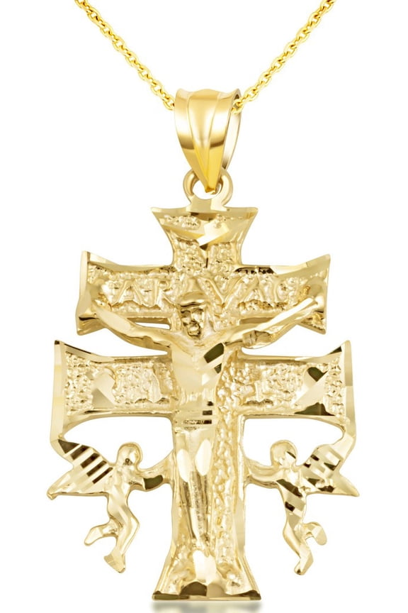 Gold Double Cross Necklace - Caravaca Crucifix Jesus Pendant (10K Yellow Gold, Pendant with 20" chain)