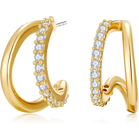 Gold Double Hoop Earrings Sophisticated Push Back Classic Dangle Everyday Earrings[b198]