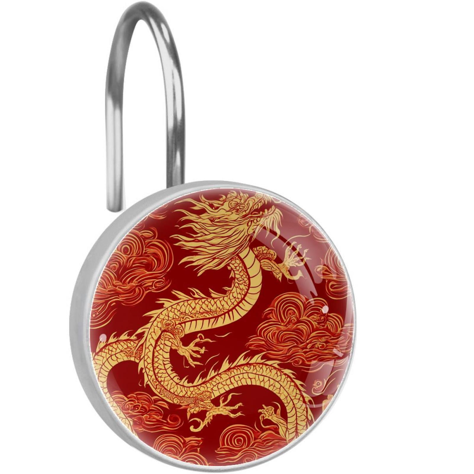 Gold Dragon Red Cloud Pattern Shower Curtain Hooks Round Crystal Glass, Set of 12 Shower Curtain Rings - Shower Hooks for Curtain Shower Rings