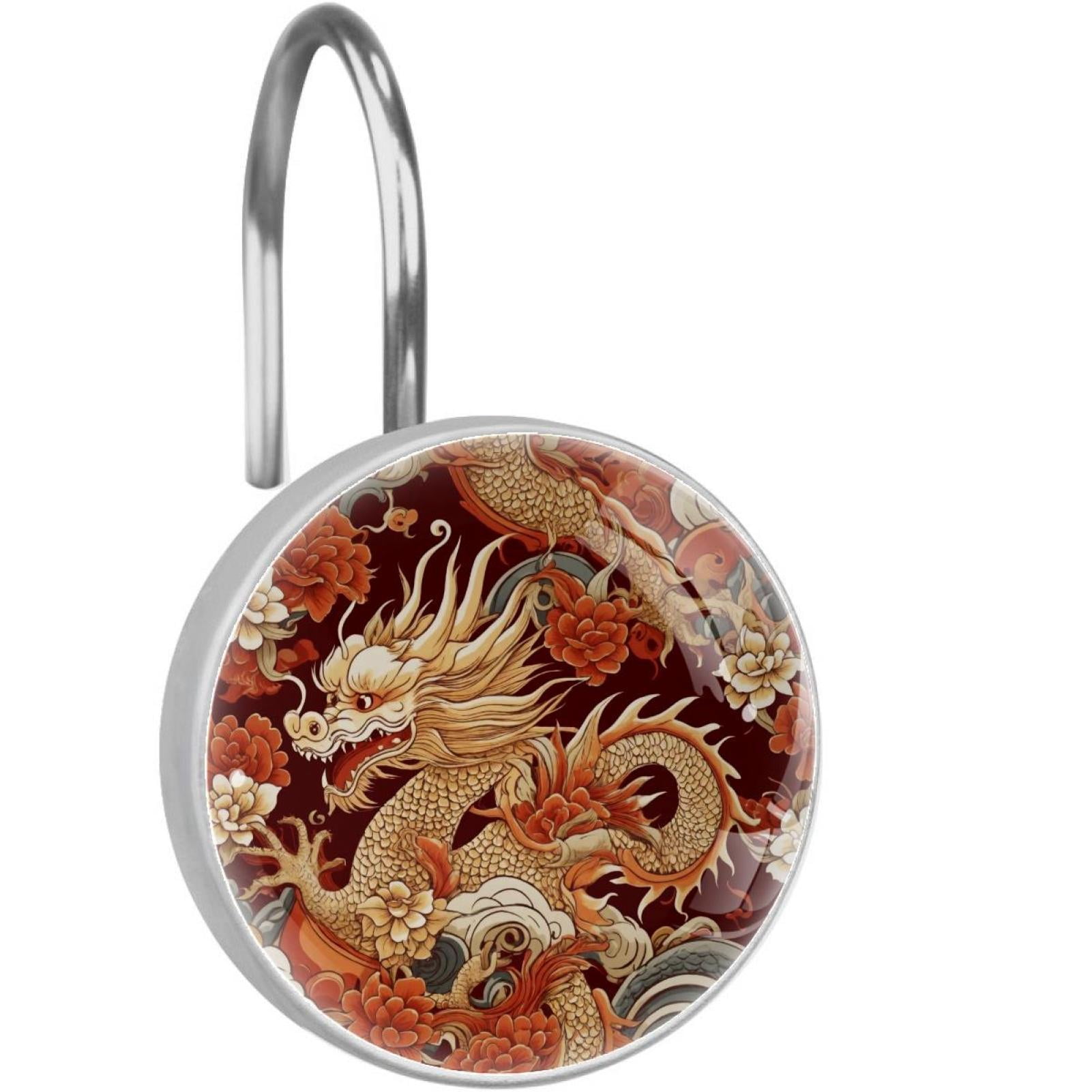 Gold Dragon and Peony Shower Curtain Hooks Round Crystal Glass, Set of 12 Shower Curtain Rings - Shower Hooks for Curtain Shower Rings