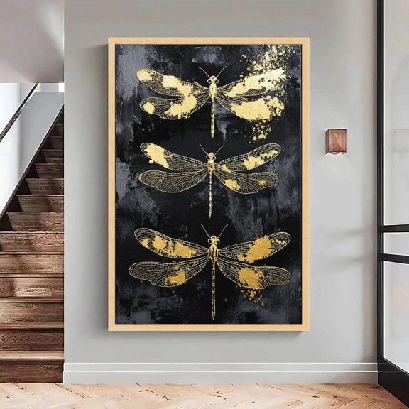 Gold Dragonflies Art Black Abstract Insect Design Wall Art