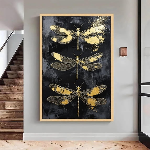 Gold Dragonflies, Black Abstract Insect Design, Large, Oversized Poster ...