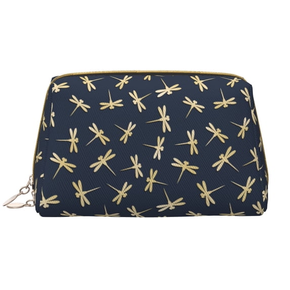Gold Dragonfly Print Black Makeup Bag, Large Capacity Travel Cosmetic Bag for Women Girls- Travel Toiletry Bag Leather Portable Waterproof Makeup Case Organizer with Handle