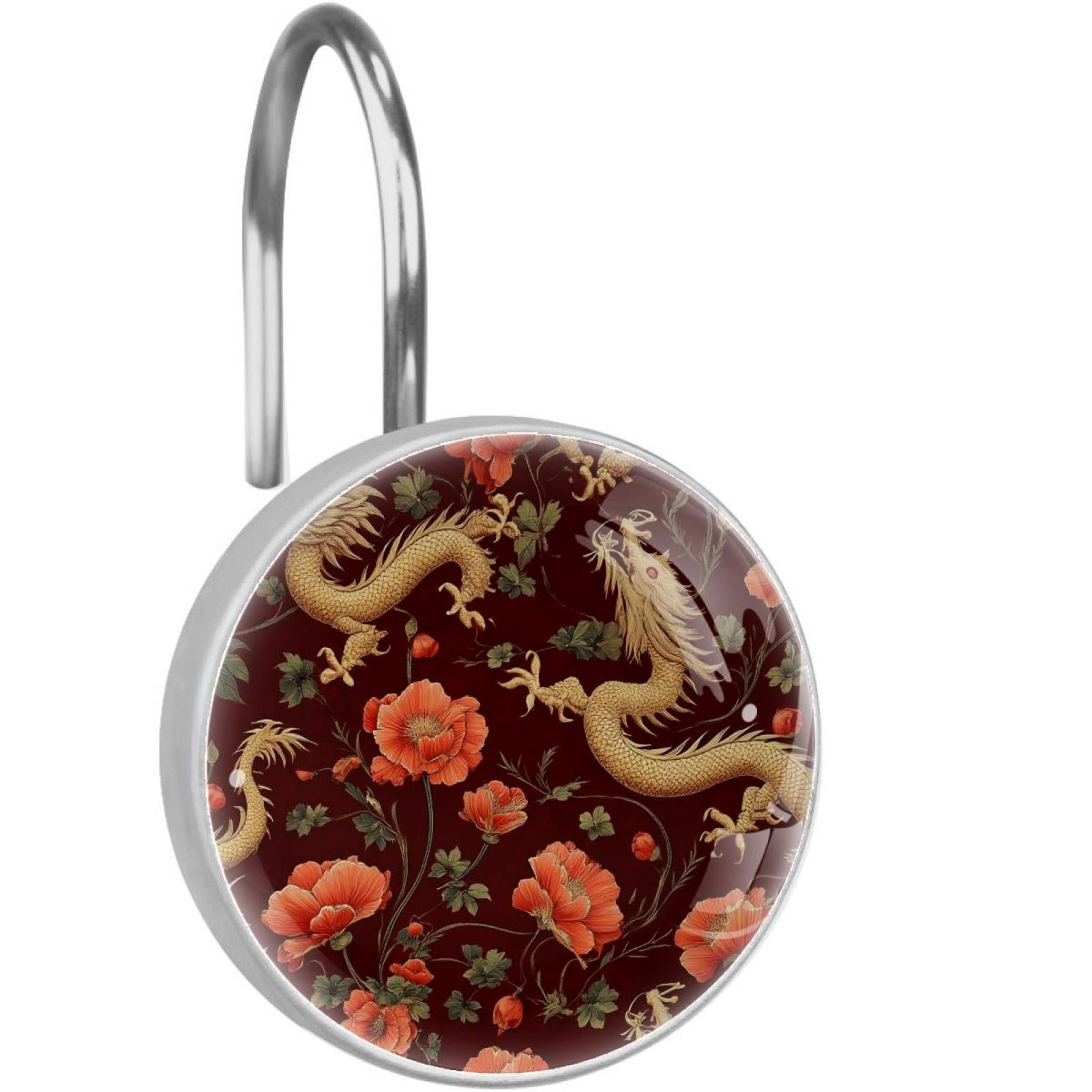 Gold Dragons Red Poppies Shower Curtain Hooks Round Crystal Glass, Set of 12 Shower Curtain Rings - Shower Hooks for Curtain Shower Rings