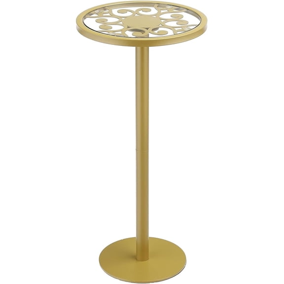 Gold Drink Table, Indoor Outdoor Small Round Side Table with Glass Top & Scroll Design, 24.7" Metal Pedestal End Table for Living Room, Patio, Balcony, Small Spaces, Weather Resistant