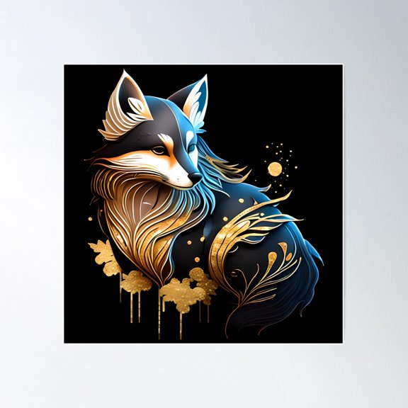 Gold Drip Kitsune - The Fox For Stealthy Intelligence Poster Wall Art, Modern Wall Decor For Living Room Bedroom, 17x17 UNFRAMED
