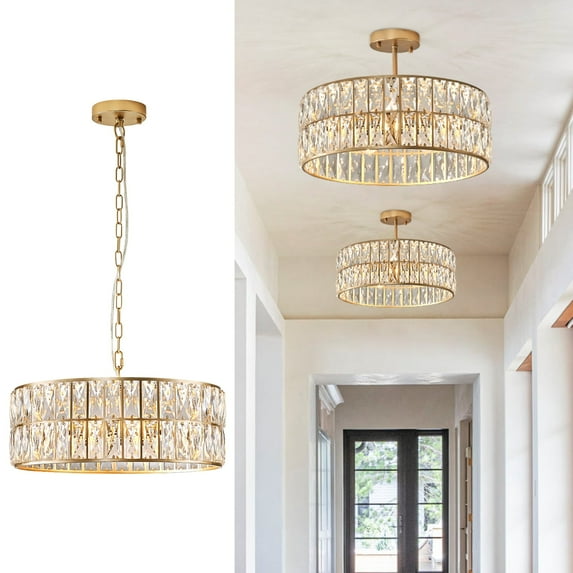Gold Drum Crystal Chandelier 6-Lights Crystal Pendant Light Large 18 Inches Semi Flush Mount Ceiling Lights for Dining Room Living Room Kitchen Closet
