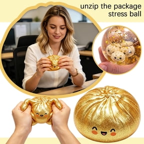 Gold Dumpling Squishy Toys with Hidden Mini Dumplings Inside - Giant Kawaii Steamed Bun Sensory Stress Balls - Fun Squeeze Desk Fidget for Adult Decompression and Office Relief