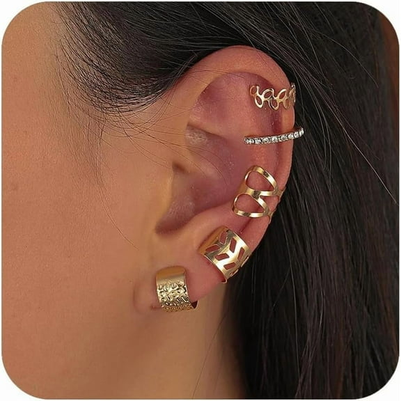 Gold Ear Cuff Earrings for Women Non Piercing Cute Small Clip-On Cartilage Earring Set 14K Gold Plated Tassel Chain Pearl Adjustable Cubic Zirconia Sparkling Round Huggie Ear Cuff Fake Punk Jewelry