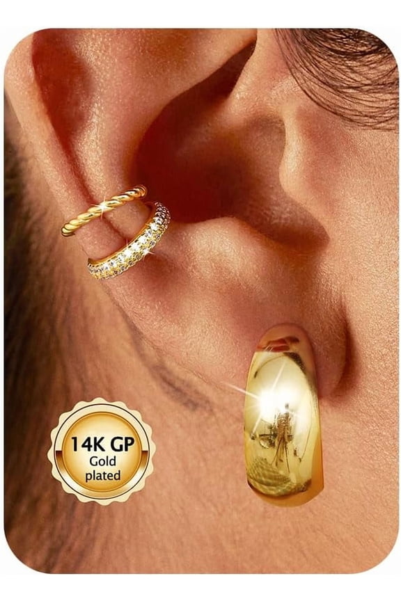 Gold Ear Cuff No Piercing for Women - 3 Pairs 14k Gold Professionally Plated Ear Cuffs Clip on Earrings Women Non Pierced Adjustable Wrap Earring Stack Fake Conch Helix Piercing[y190]