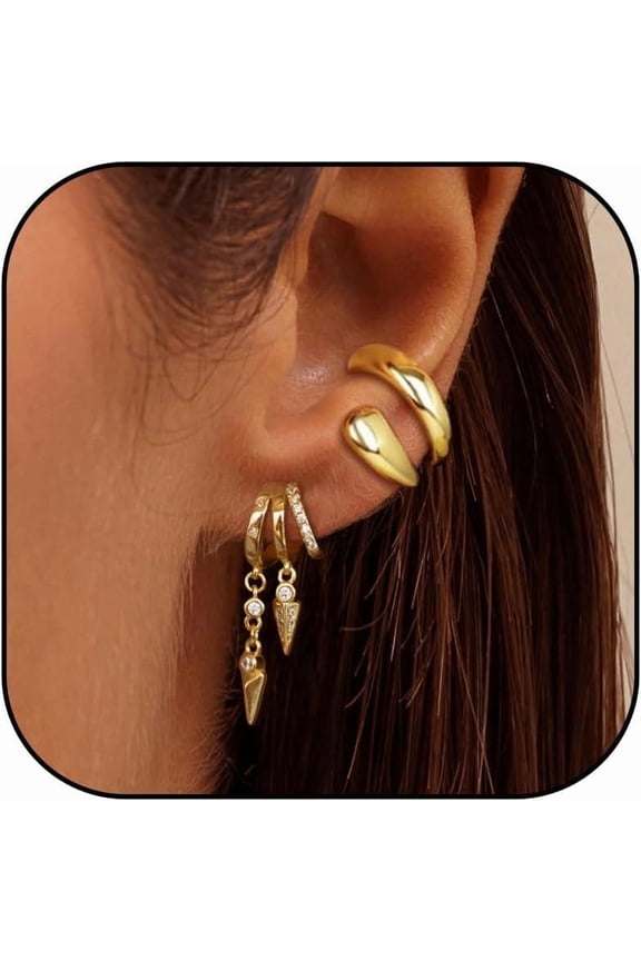 Gold Ear Cuffs for Women Chunky Non Piercing Ear Cuff Earrings Trendy Gold Drop Dangle Earrings Stack Set[f572]