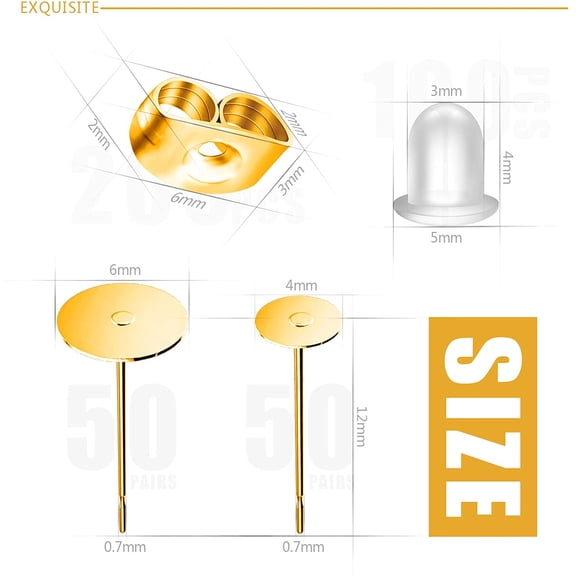 Gold Earring Posts and Backs, 500Pcs Hypoallergenic Earring Studs for Jewelry Making with Butterfly Earring Backs and Rubber Bullet Earring Backs (4mm, 6mm)