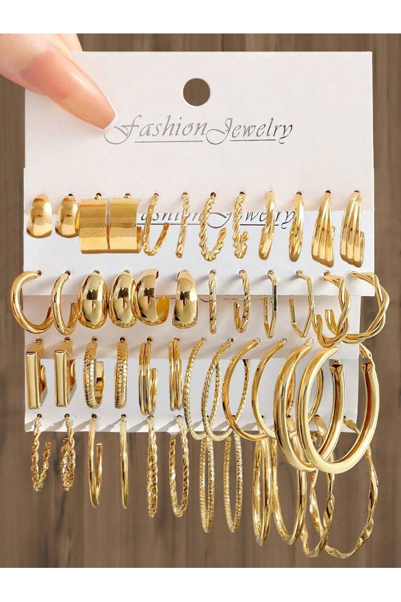 Gold Earring Set: 36-Piece Mixed Hoop, C-Hoop & Stud Styles