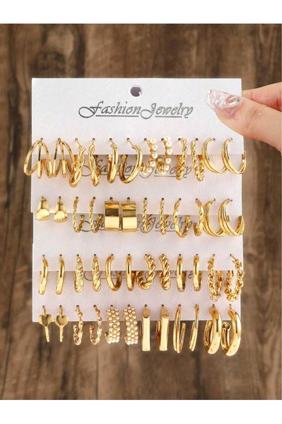 Gold Earring Set: 36-Piece Mixed Hoop, C-Hoop & Stud Styles