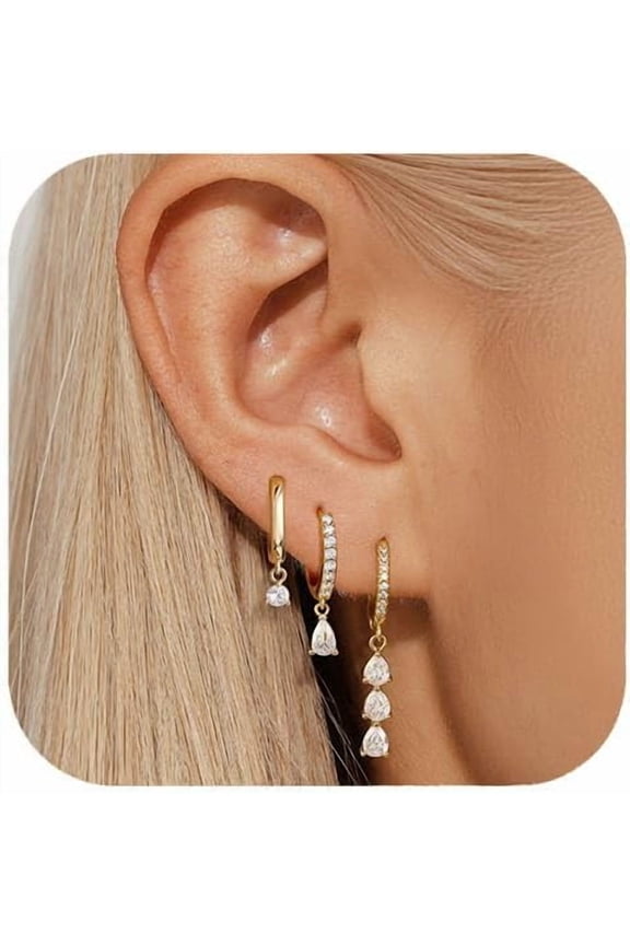 Gold Earrings Dangle Set For Women,14k Plated Dainty Earring Stacks Gold,Huggie Dangle Stacked Earrings Pack,Cartilage Earring Sets For Multiple Piercing,Gift For Women Mother'S Day Birthday