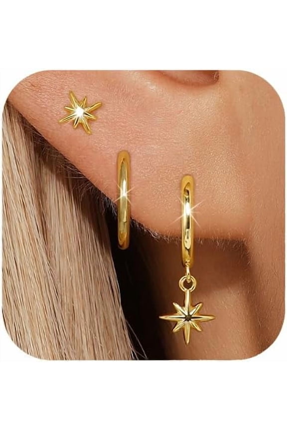 Gold Earrings Dangle Set For Women,14k Plated Dainty Earring Stacks Gold,Huggie Dangle Stacked Earrings Pack,Cartilage Earring Sets For Multiple Piercing,Gift For Women Mother'S Day Birthday