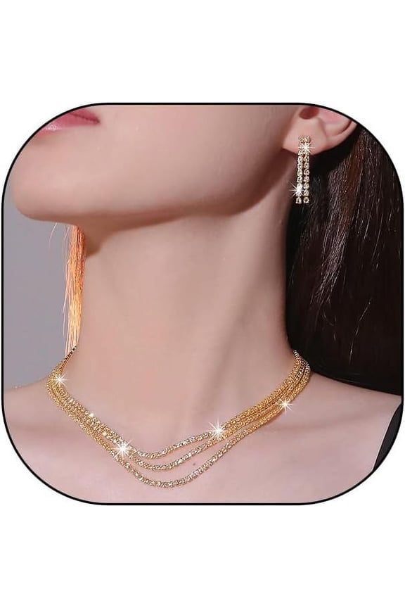 Gold Earrings Necklace Set for Brides Bridesmaid,Bling Sparkling Rhinestones Jewelry Pack for Prom Party,Layered Choker Necklace Crystal Drop Earrings