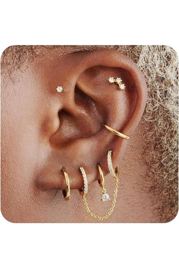 Gold Earrings Set For Women, 14K Gold Plated Stud And Cartilage Earring Sets For Multiple Piercing, Hypoallergenic Stackable Small Gold Huggie Hoop Earrings For Women Jewelry[Z678]