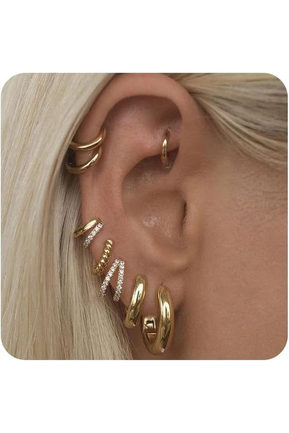 Gold Earrings Set For Women, 14K Gold Plated Stud And Cartilage Earring Sets For Multiple Piercing, Hypoallergenic Stackable Small Gold Huggie Hoop Earrings For Women Jewelry[Z681]