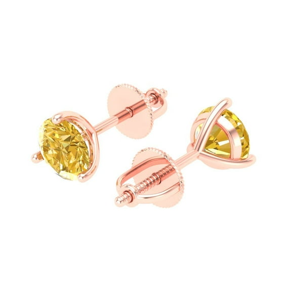 Solid Solid Gold Everyday Dainty Earrings Solitaire Stud Everyday Dainty Earrings - 1.5 Ct Brilliant Round Cut Studs Natural Citrine 14K Rose, Screw Back