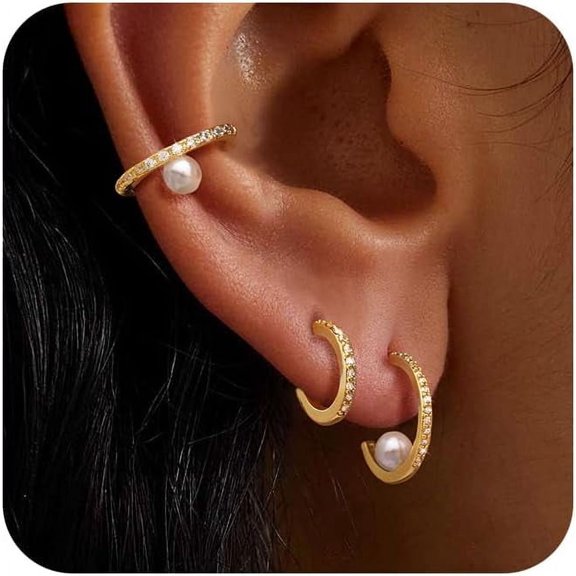 Gold Earrings For Women Dainty Pearl Hoop Earrings 14K Gold Plated Stud Earrings Hypoallergenic Drop Dangle Earrings Set For Multiple Piercing Jewelry For Women[Z1]