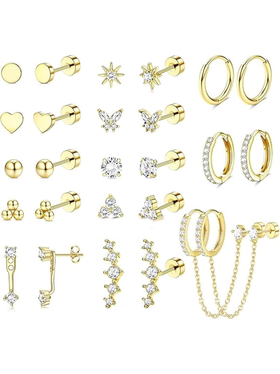 Gold Earrings for Women Hypoallergenic 20G Surgical Stainless Steel Flat Back Stud Earrings Dainty Stackable Earring Stacks Hoop Cartilage Earring Sets for Multiple Piercing