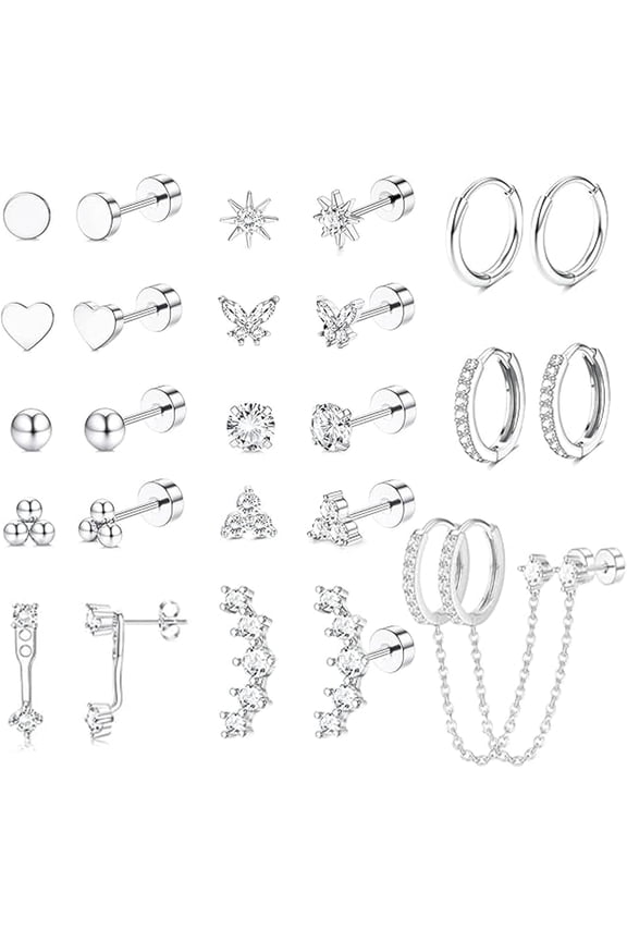 Gold Earrings for Women Hypoallergenic 20G Surgical Stainless Steel Flat Back Stud Earrings Dainty Stackable Earring Stacks Hoop Cartilage Earring Sets for Multiple Piercing