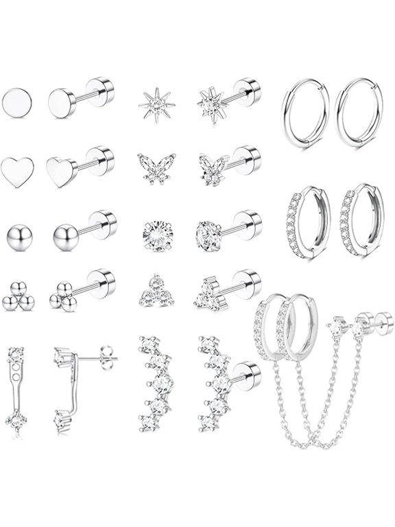 Gold Earrings for Women Hypoallergenic 20G Surgical Stainless Steel Flat Back Stud Earrings Dainty Stackable Earring Stacks Hoop Cartilage Earring Sets for Multiple Piercing