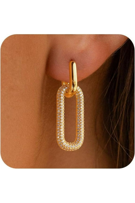 Gold Earrings for Women Trendy, Simple Dainty 14K Gold Plated Paperclip Square Chain Link Dangle Hoops Earrings Pin Stud Huggie Earrings Lightweight Gold Jewelry for Women Christmas Gifts