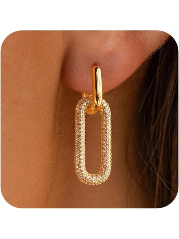 Gold Earrings for Women Trendy, Simple Dainty 14K Gold Plated Paperclip Square Chain Link Dangle Hoops Earrings Pin Stud Huggie Earrings Lightweight Gold Jewelry for Women Christmas Gifts