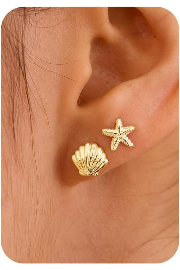 Gold Earrings for Women,2 Pairs 14K Gold Plated Small Shell, Starfish Stud Earrings Set Summer Beachy Jewelry for Women Gifts