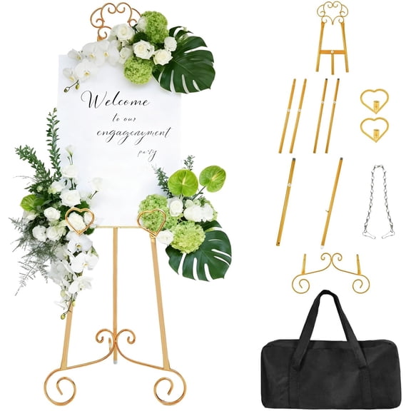 Gold Easel,Golden Adjustable Display Easel Stand with Chain for Sign, Painting, Artwork, Picture Frames, Wedding & Shower Signage and More